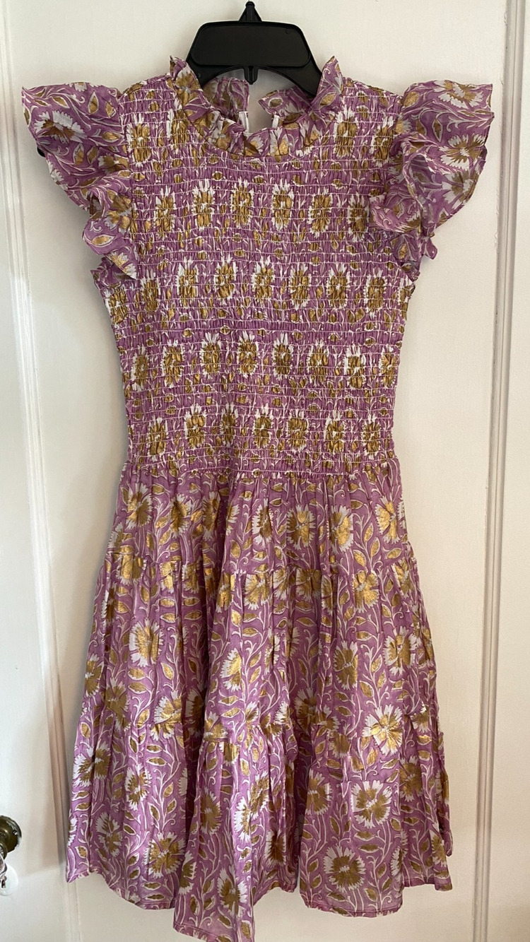 NWT OLIPHANT Smocked Flirty Mini Dress Small Taj Lavender Gold Floral Ruffles